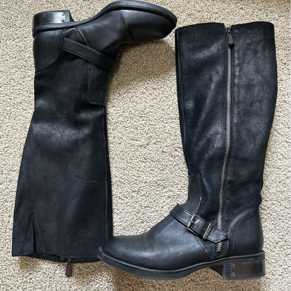 Black leather heeled riding boots, size 7, brand circus